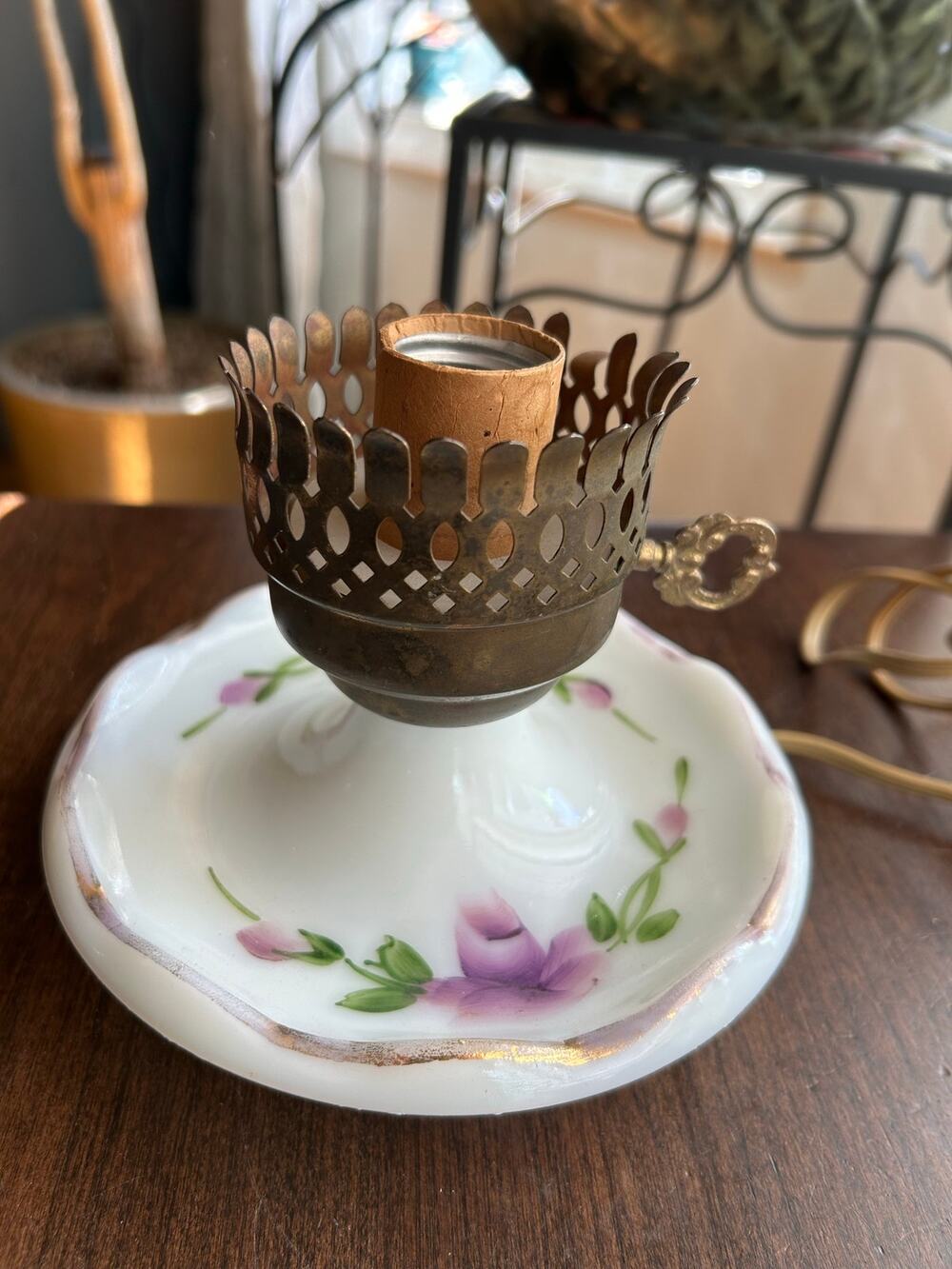 MCM Milk Glass Light Electric Lamp Vintage Hand Painted Flowers